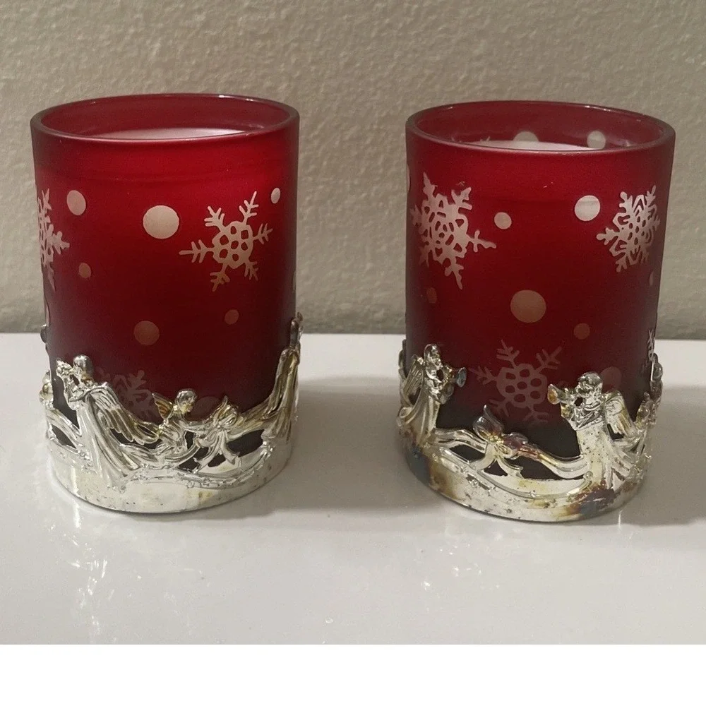 International Silver Company Red Snowflake Angel Votive Candles Set of 2